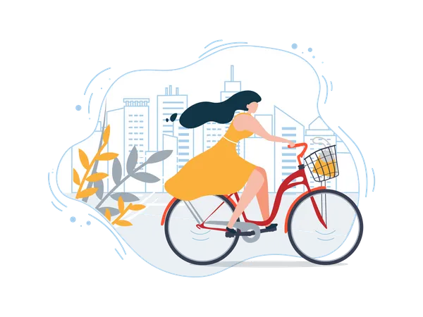 Woman in Dress Ride Bike City Street Illustration