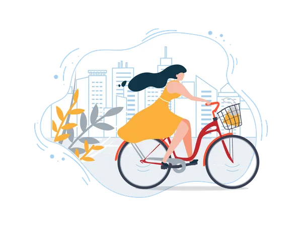 Woman in Dress Ride Bike City Street  Illustration