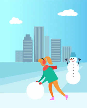 Woman in Earphones Make Snowman  Illustration