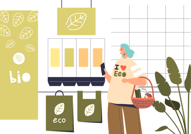 Woman in eco organic grocery store  Illustration
