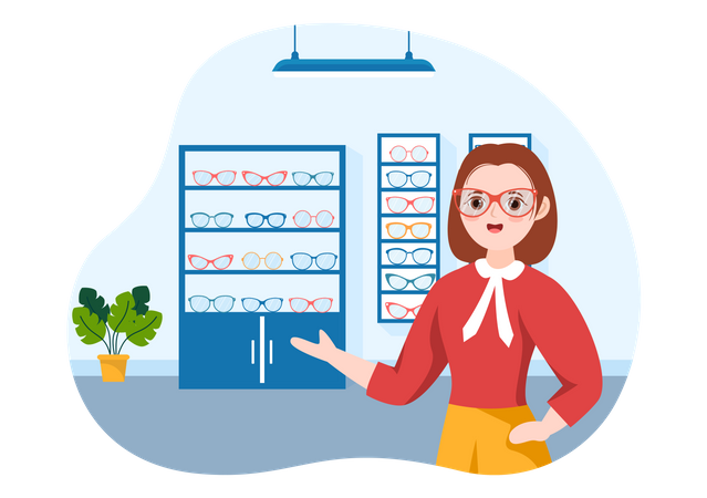 Woman in Eye Glasses Store  イラスト