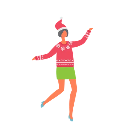Woman In Green Skirt And Red Sweater With Snowflakes Santa Claus Hat On Head Vector Female In Flat Design Isolated Icon Girl Celebrating Xmas Illustration