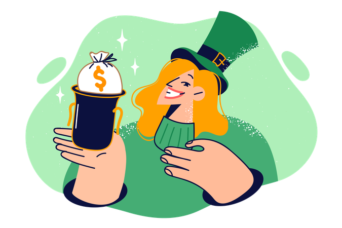 Woman in green suit in honor of St. Patricks day holiday shows bowler hat with bag of money  Illustration