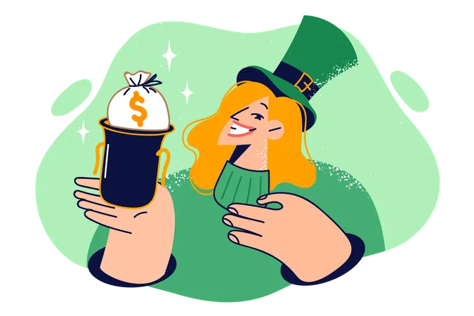 Woman In Green Suit In Honor St Patricks Day Holiday Shows Bowler Hat With Bag Money And Wishes You Good Luck And Wealth Cheerful Girl Congratulates On St Patricks Day And Looks At Screen Smiling Illustration