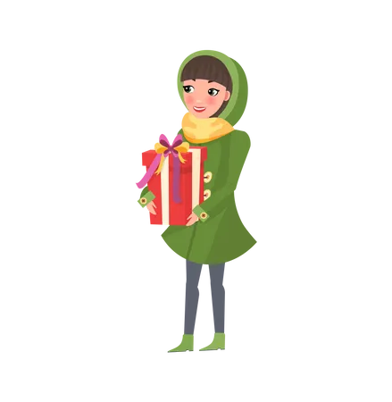Woman In Green Winter Coat With Big Wrapped Present In Hands Isolated Vector Female In Yellow Scarf With Box Christmas Holidays Celebration Cartoon Style Illustration