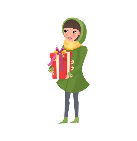 Woman in Green Winter Coat with Big Present Gift  Illustration