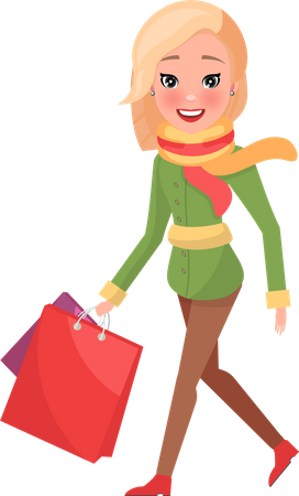 Woman in Green Winter Coat with Packages in Hands  Illustration