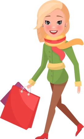Woman In Green Winter Coat With Packages In Hands Isolated Vector Female In Red And Yellow Scarf With Shopping Bags Christmas Holidays Shopaholic Cartoon Style Illustration