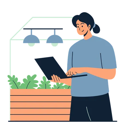 Woman in greenhouse farming technology  Illustration