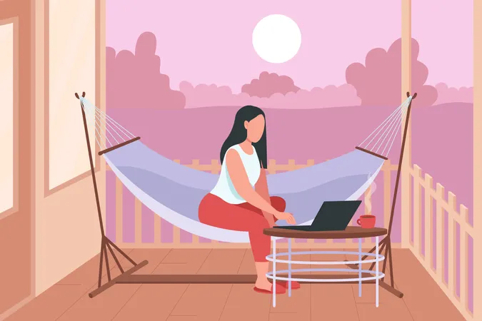 Woman In Hammock With Laptop Flat Color Vector Illustration Relaxation In Home Backyard Weekend Lounge Freelancer Resting Outdoors 2 D Cartoon Character With Cozy Sunset Landscape On Background Illustration