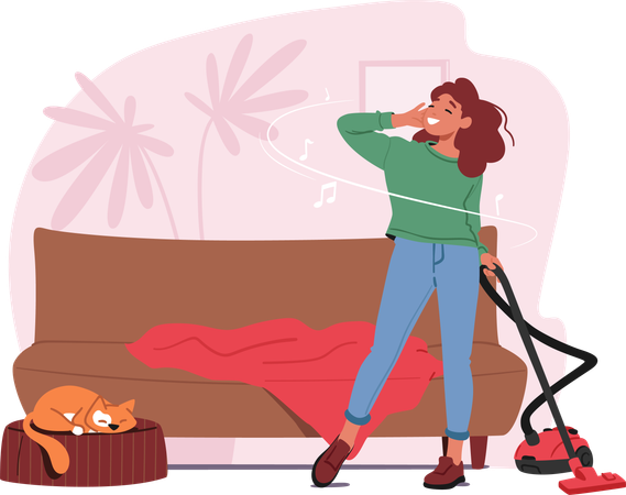 Woman In Headphones Dances with Vacuum cleaner In Hand  Illustration