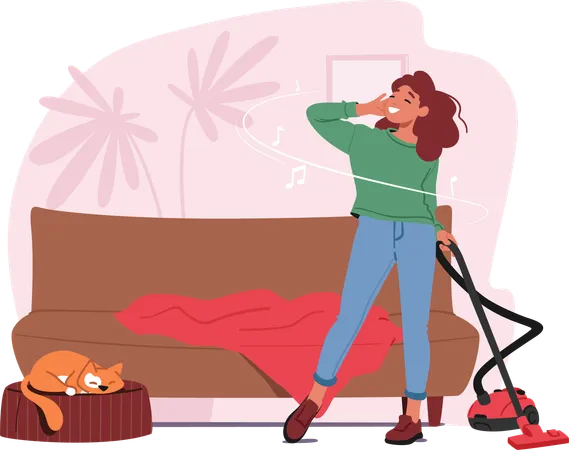 Graceful Woman In Headphones Dances Through The Room Vacuum In Hand Rhythmic Hum Of Suction Harmonizes With Her Lively Music Creating A Domestic Symphony Of Productivity And Joy Vector Illustration Illustration