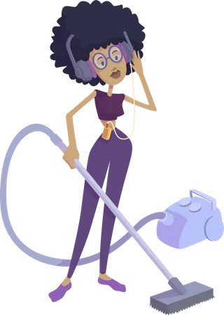 Woman in headphones vacuum cleaning Illustration
