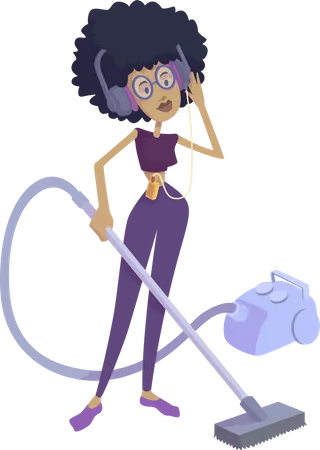 Woman in headphones vacuum cleaning  Illustration