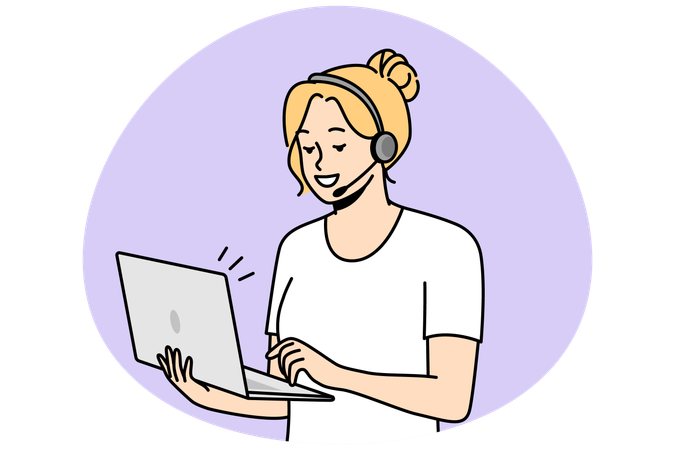 Woman in headset holds laptop  Illustration