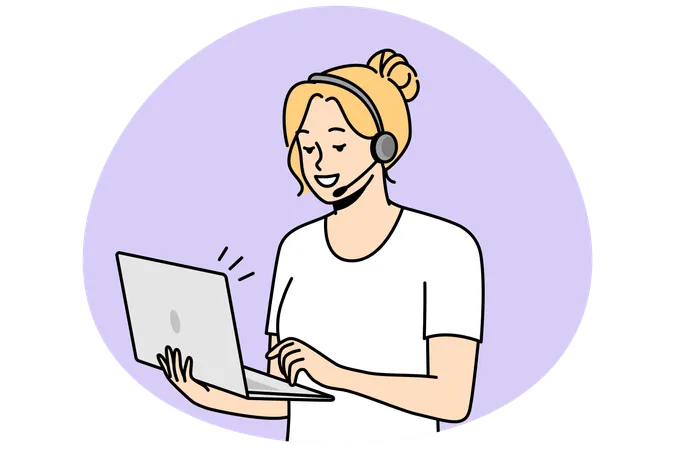 Woman in headset holds laptop  Illustration