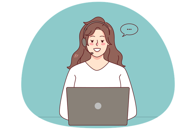 Woman in headset working on laptop  Illustration