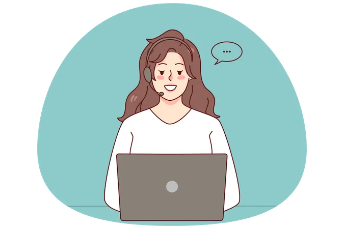 Woman in headset working on laptop  Illustration