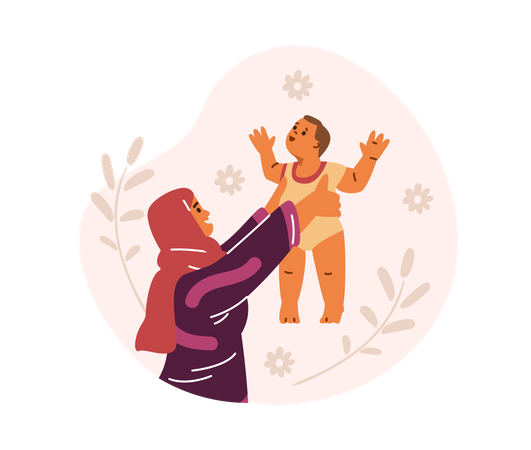 Woman in hijab happily lifting her baby up  Illustration