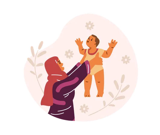 Woman in hijab happily lifting her baby up  Illustration