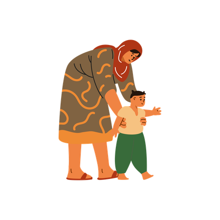 Woman in hijab helping her son take his first steps  Illustration