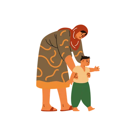 Woman in hijab helping her son take his first steps  Illustration