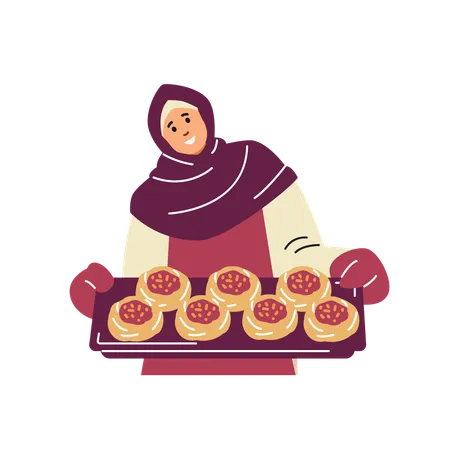 Woman in hijab holding a baking tray with an open pie  Illustration