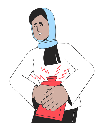 Woman in hijab pressing heating pads to belly  Illustration