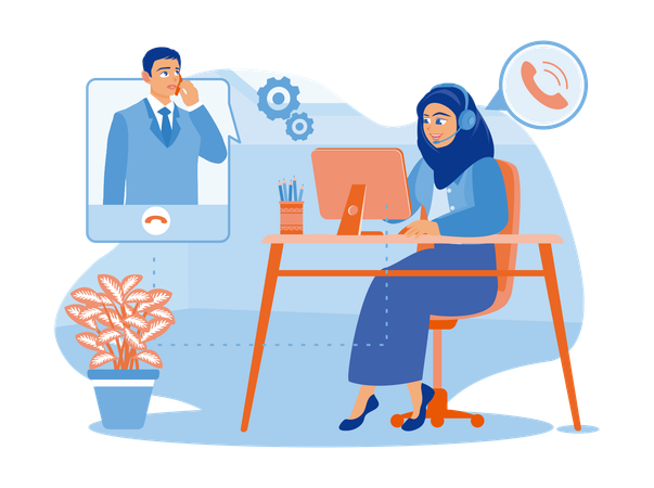 Woman In Hijab Working In Call Center Office  Illustration