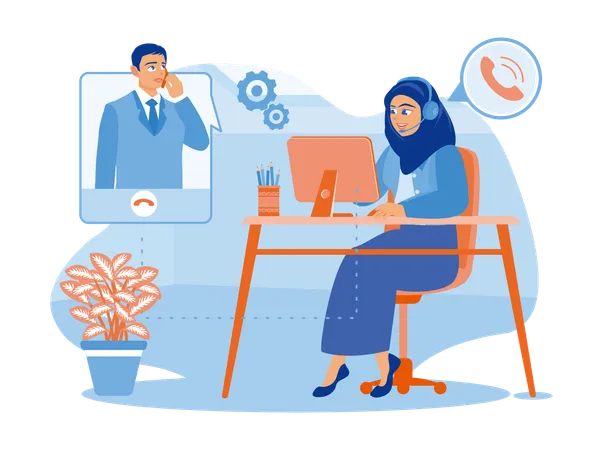 Woman In Hijab Working In Call Center Office  Illustration