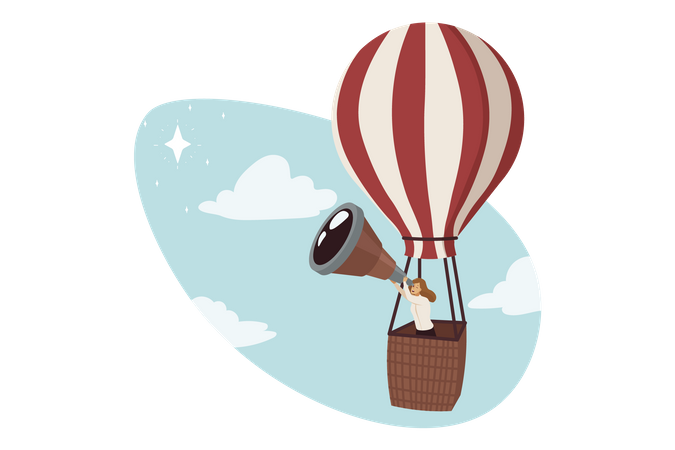 Woman in hot balloon finding opportunity  일러스트레이션
