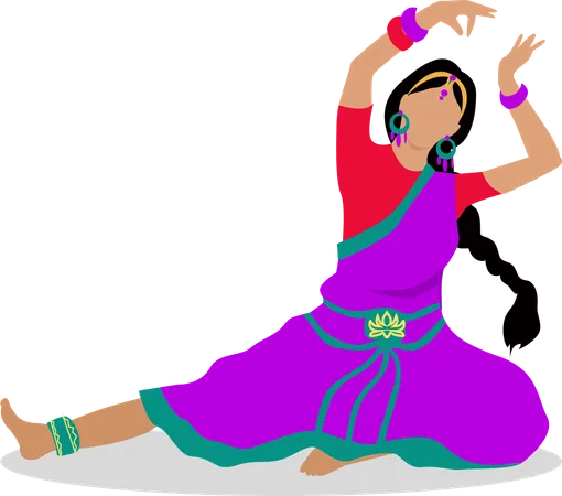 Woman In Indian National Clothes Dance Vector In Flat Design Young Girl With Braided Hair In Violet Saree Ornamentation And Jewelry Dancing Traditional Folk Dance Asian Choreography And Folklore Illustration