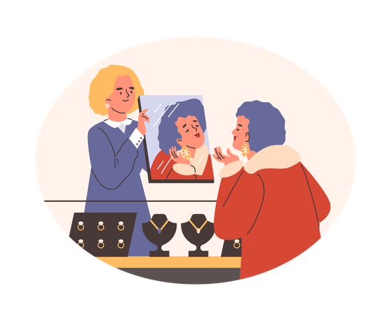 Woman in jewellery store trying on earrings  Illustration
