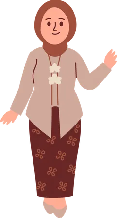 Woman in Kebaya Attire waiving hand  Illustration