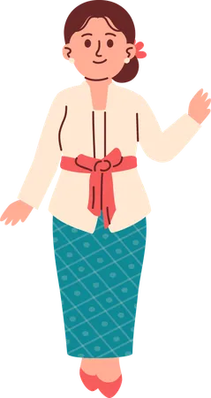 Woman in Kebaya Attire waiving hand  Illustration