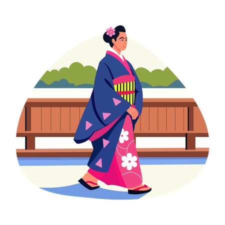 Woman in kimono walking  Illustration