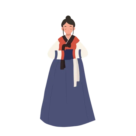 Joyful Hanbok Greeting Smiling Asian Woman In Korean Hanbok Saluting With Joy And Polite Illustration