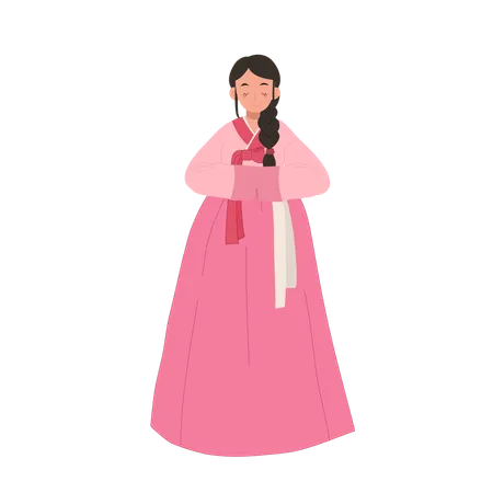 Joyful Hanbok Greeting Smiling Asian Woman In Korean Hanbok Saluting With Joy And Polite Illustration