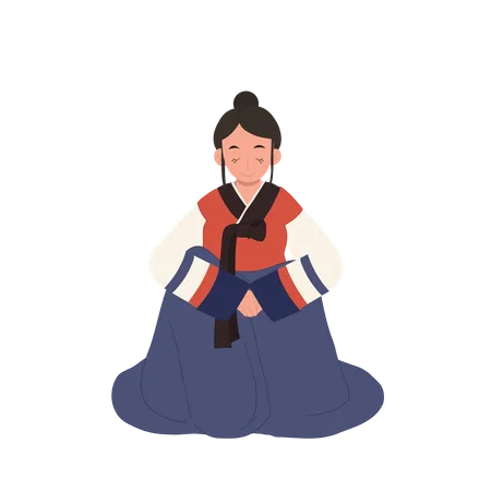 Respectful Gesture Young Woman In Korean Hanbok Embracing Tradition Traditional Greeting Illustration