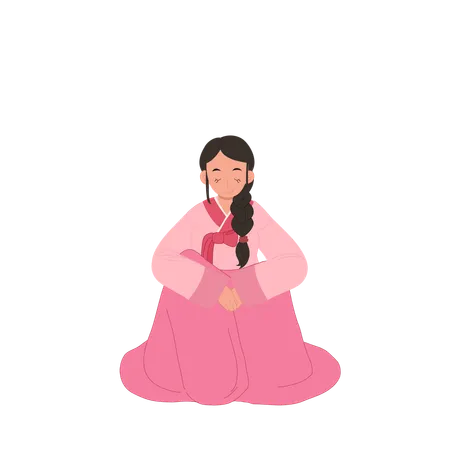 Respectful Gesture Young Woman In Korean Hanbok Embracing Tradition Traditional Greeting Illustration