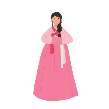 Woman in korean hanbok greeting people  Illustration