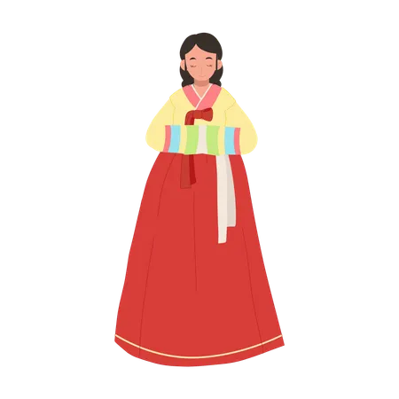 Woman in korean hanbok greeting people  Illustration