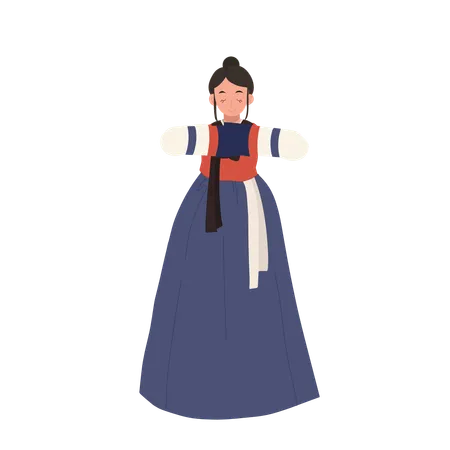 Woman in korean hanbok greeting people  Illustration