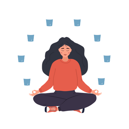 Woman In Lotus Position With Glasses Of Water  Illustration