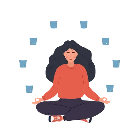 Water Balance Woman In Lotus Position With Glasses Of Water Morning Routine Maintaining Daily Water Balance In Body Vector Illustration In Flat Cartoon Style Illustration