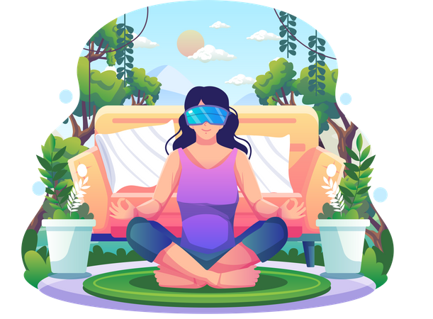 Woman in lotus posture wearing VR glasses practices yoga and meditation Illustration