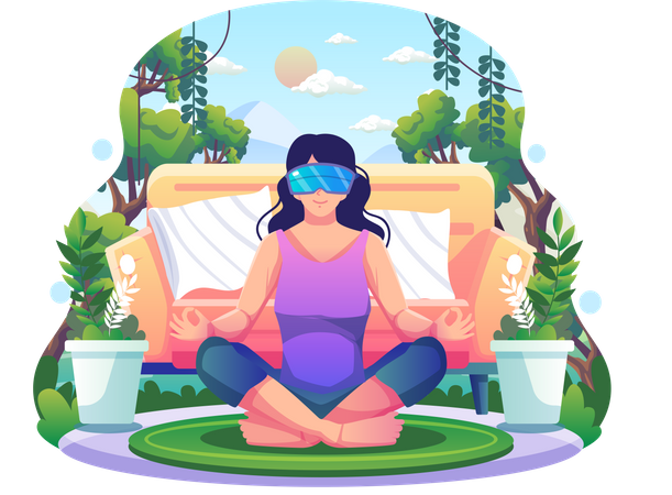 Woman in lotus posture wearing VR glasses practices yoga and meditation  Illustration