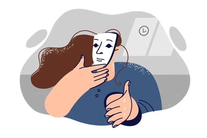 Woman In Mask Reaches Out Hand Wanting To Say Hello And Make Deal For Concept Scam Or Deception And Hypocrisy Swindler In Mask Is Engaged In Scam And Ingratiates To Commit Crimes Illustration