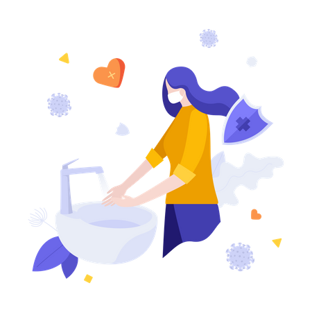 Woman in medical mask standing at sink and washing hands  イラスト