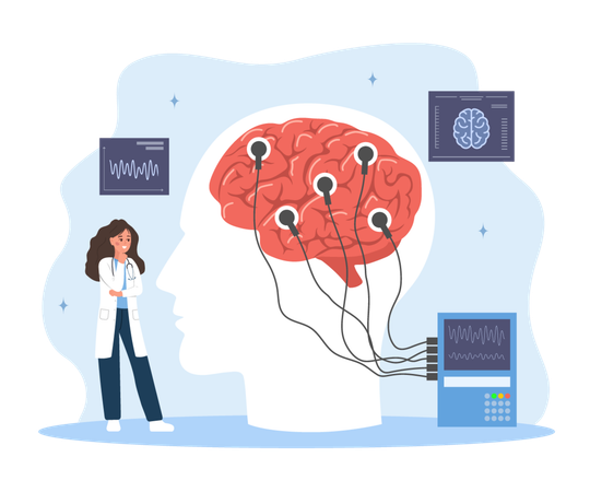 Woman in medical uniform examine human brain  Illustration